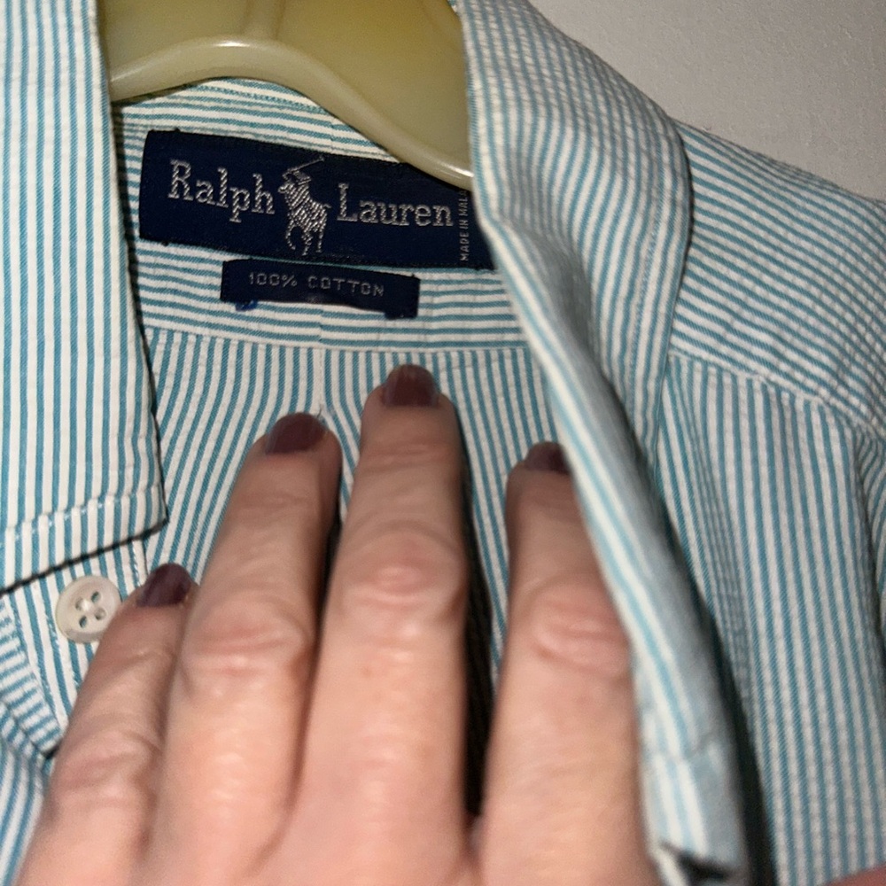 Mens Polo Ralph Lauren Short Sleeve Seersucker Green White Button Shirt SS large - Picture 3 of 9